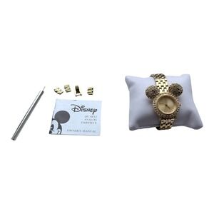 VTG Disney Mickey Mouse Watch Women Gold Rhinestone Link Disney Store Box